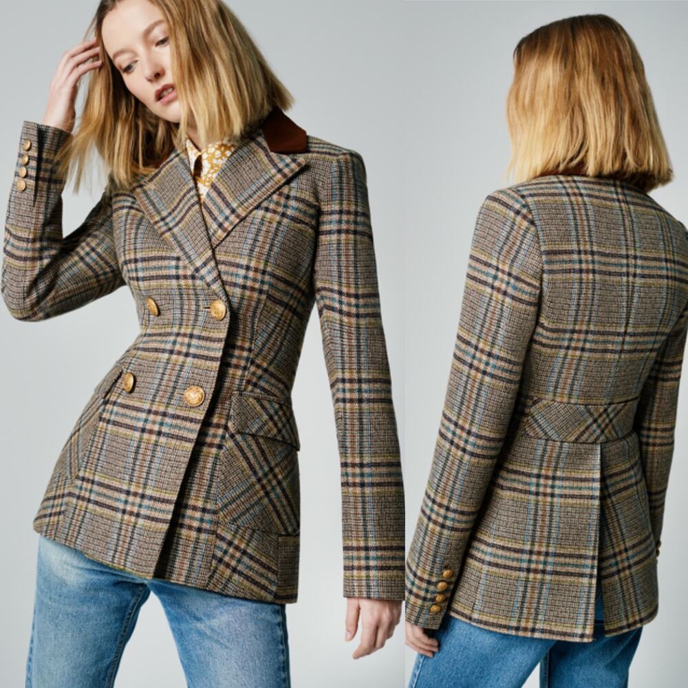 NWT SMYTHE Patch Pocket Wedding Blazer Tan Plaid Gold Buttons Size 8 - Picture 2 of 12